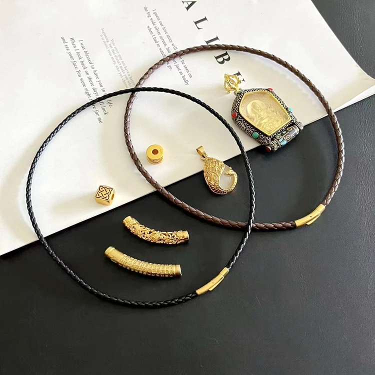 钛钢皮质项链 男士真皮项链绳横穿吊坠绳心经管转运珠皮绳锁骨绳