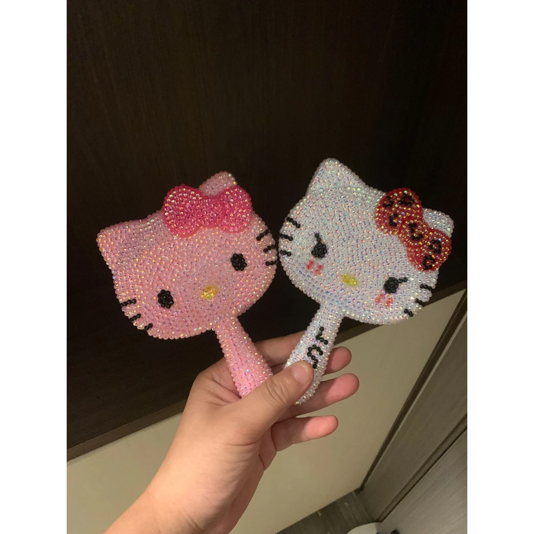 【迷你粘钻镜】Kitty猫手持镜DIY豹纹kt镜材料包便携迷你化妆镜