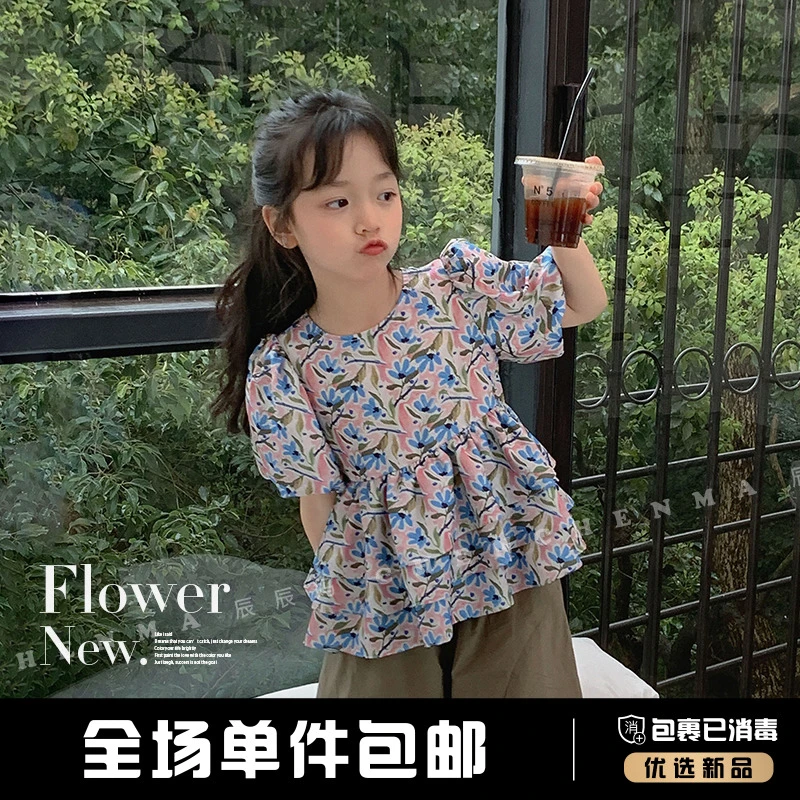辰辰妈【夏花】夏装儿童泡泡袖上衣碎花短袖宝宝女大童衬衣3763D