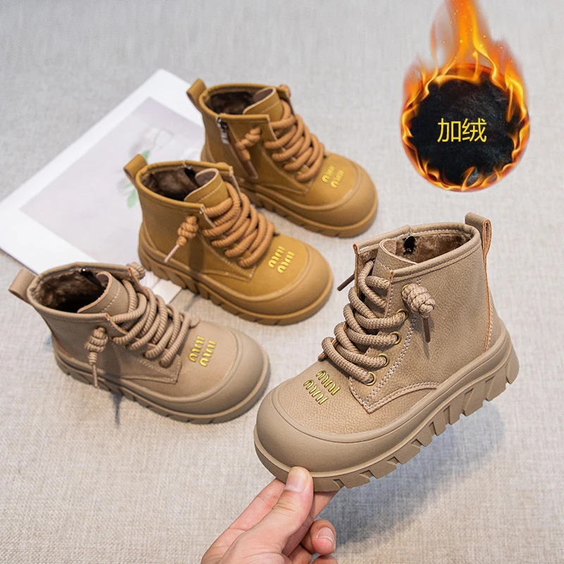 儿童大黄靴女童短靴加绒加厚马丁靴男童英伦风皮靴防滑保暖冬棉鞋