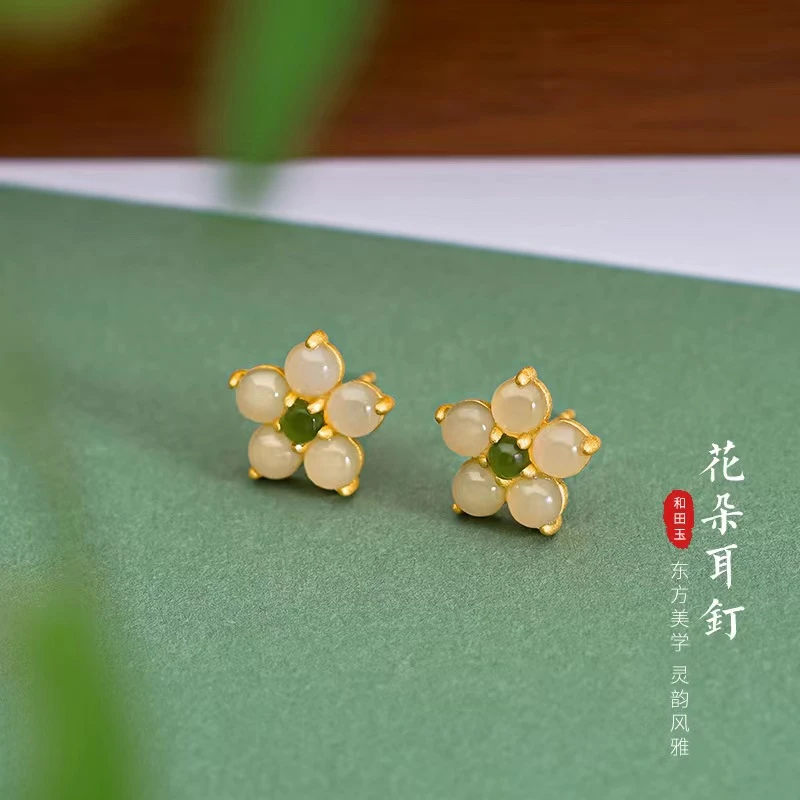 【织漫珠宝】S925银天然和田玉桃花耳钉时尚百搭宫廷古风轻奢小众款