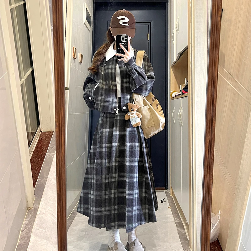 NEOTCG秋冬款毛呢格子千金套装短上衣复古通勤半身裙女