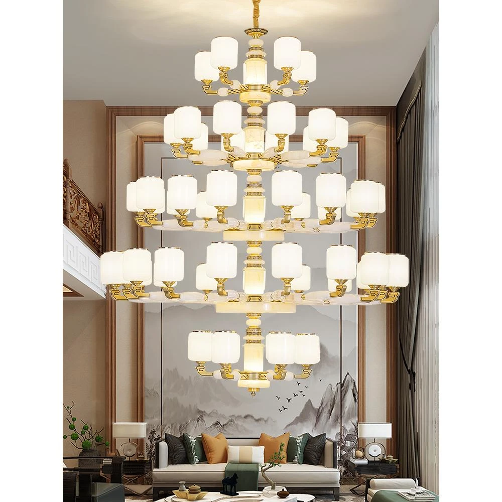 新中式全铜玉石客厅吊灯复式楼别墅中空楼中楼挑高跃层长吊灯具