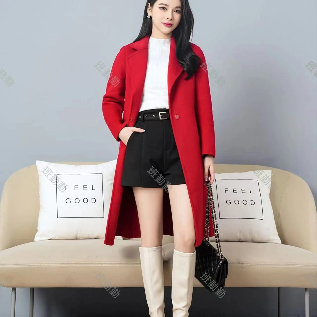 【现货】2025新款小个子中长款修身显高显瘦手工双面羊毛大衣外套