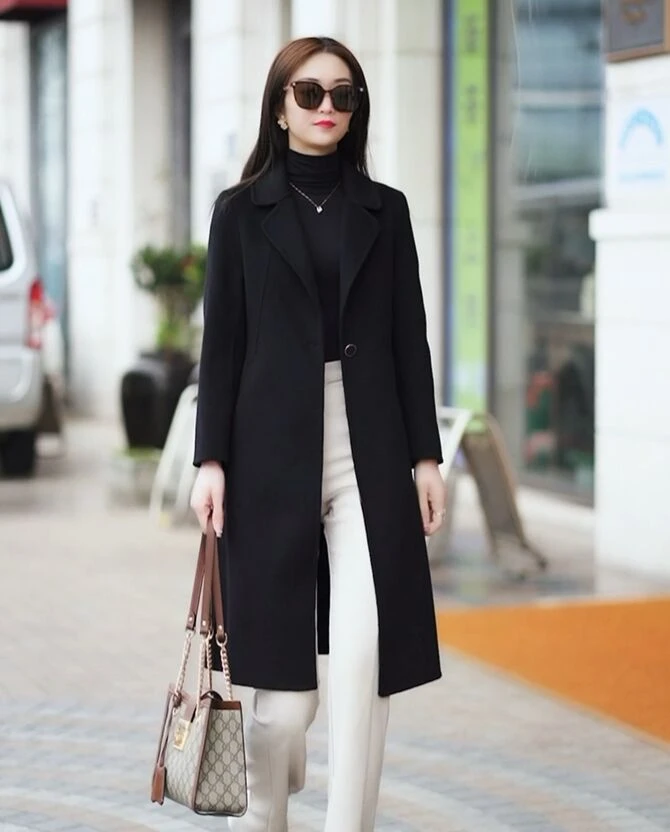 (勤勤）新款高端品质宽松H版显高显瘦手工缝制双面羊毛大衣外套