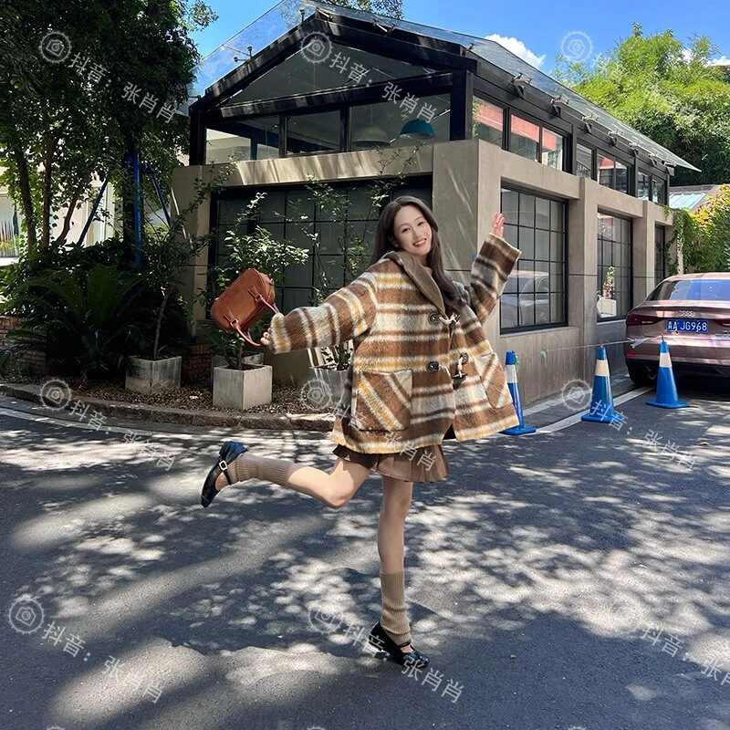 格子毛呢外套韩版冬季短款连帽条纹宽松大衣百搭秋冬上衣毛呢