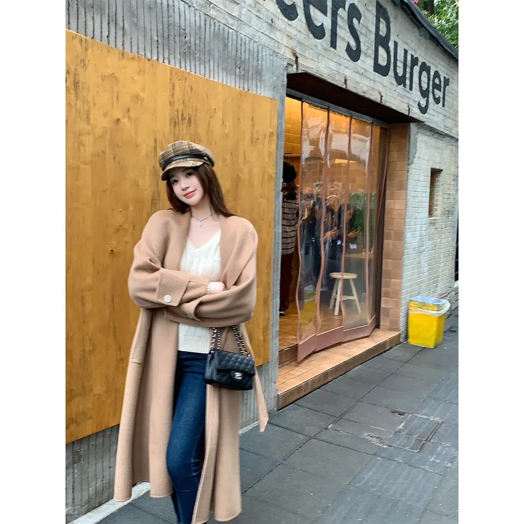 ACHI大也池◆优雅诺丁山~羊驼毛双面呢中长款翻领大衣女