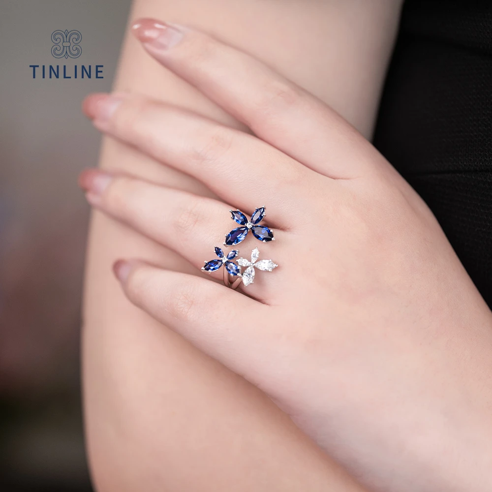 TINLINE「雨蝶」戒指 培育皇家蓝 简约时尚 优雅知性 气质感 开口戒