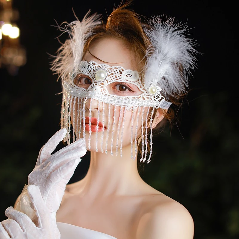 欧美面罩伪娘COS万圣诞节化妆舞会白色蕾丝公主遮面半脸面具