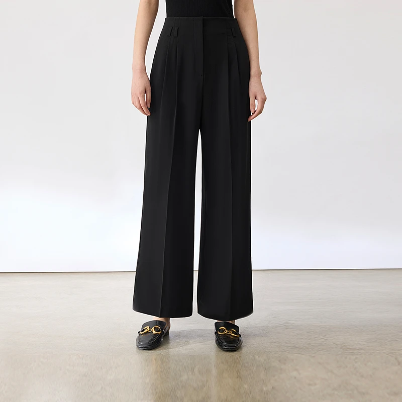 朗姿夏季新款梭织裤西装直筒裤高腰西装裤显瘦气质休闲裤时尚百搭