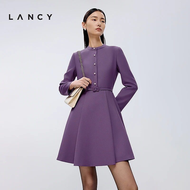 LANCY/朗姿2025春新款圆领收腰显瘦A字连衣裙气质中长款裙子女