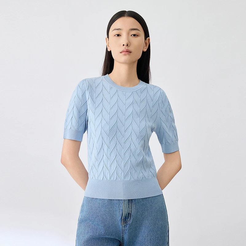 【欧若风】朗姿新款针织衫蕾丝白色时尚春夏镂空圆领提花蕾丝蓝色