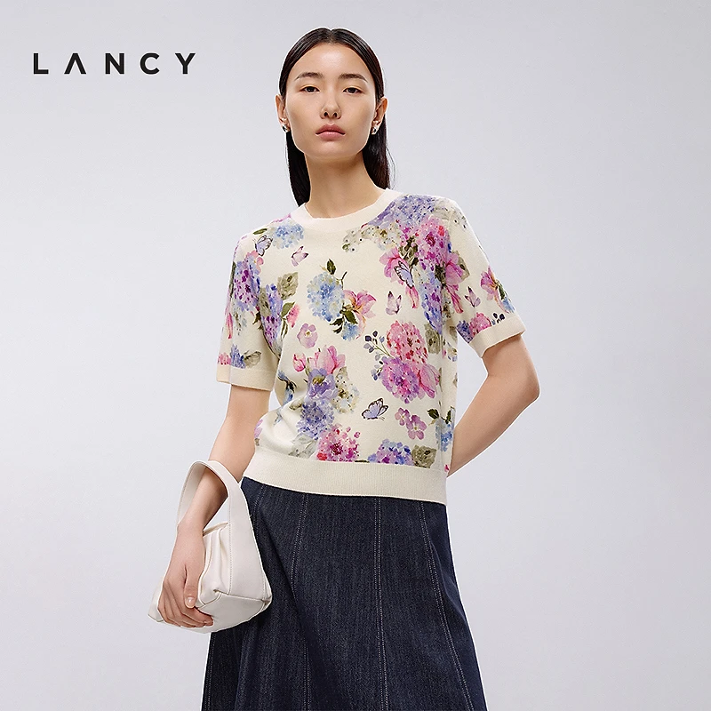 【欧若风】LANCY/朗姿2025春新款花卉印花圆领短袖针织衫时尚休闲