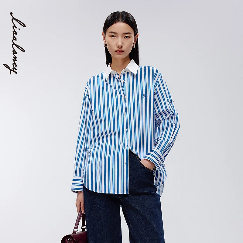 【欧若风】LANCY/朗姿2025春新款条纹撞色衬衫衬衣长袖牛仔时尚休闲