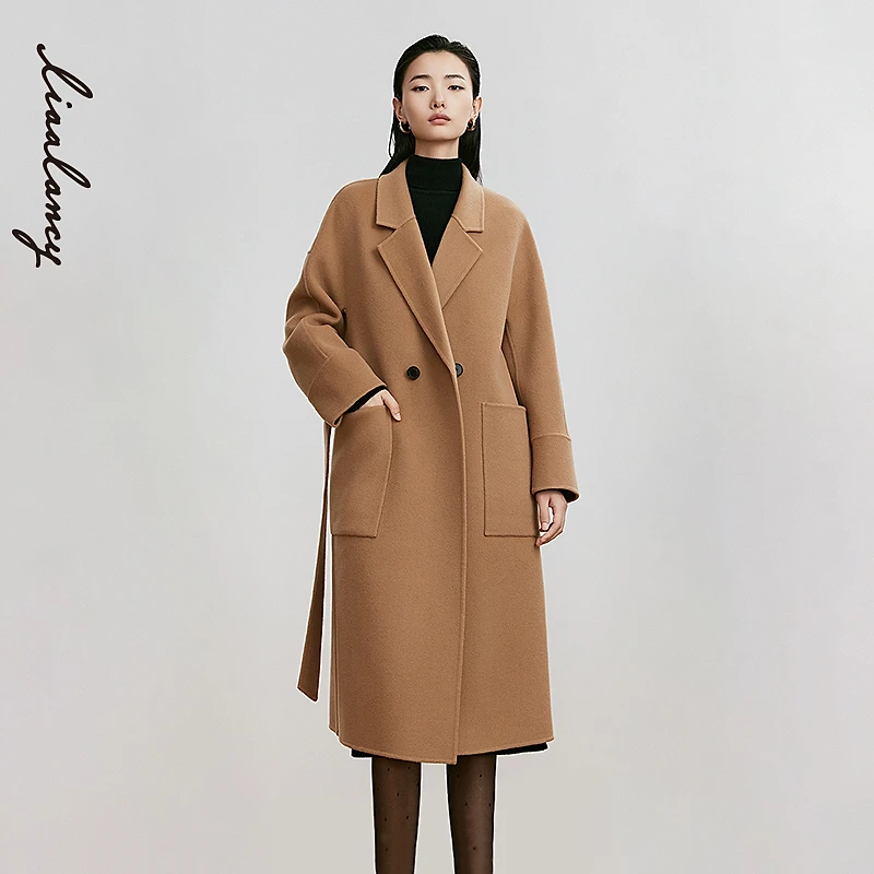 【雅丹风】LANCY/朗姿2024冬新款高端系带大衣西装领中长毛呢外套女