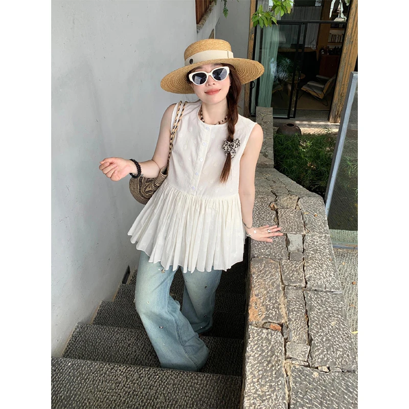 白色提花冰丝荷花边背心女夏季小个子设计感宽松显瘦外穿无袖上衣