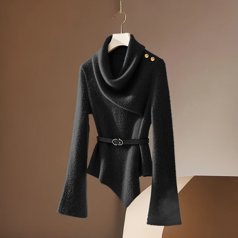 小众不撞款黑色显瘦荡领针织毛衣女外穿2025冬季超好看内搭打底衫