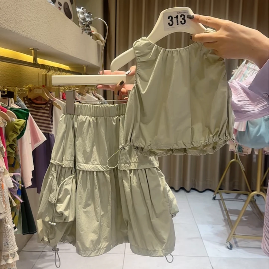 现货 圆子家女童洋气设计感甜酷背心女孩工装裙夏季薄款套装8974