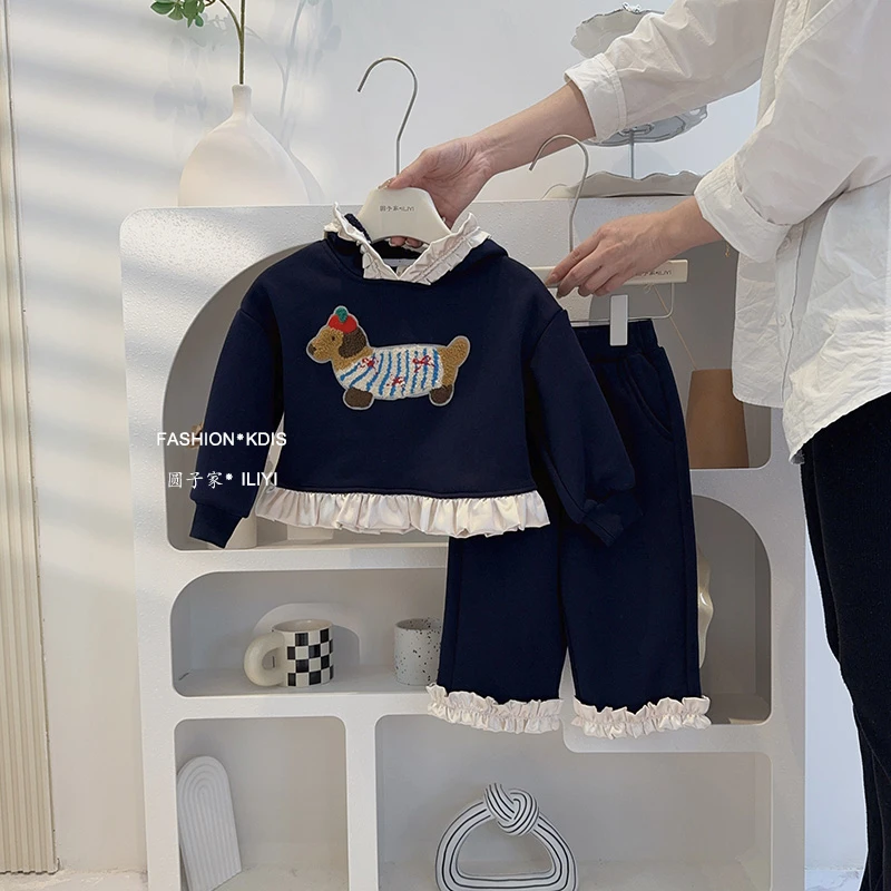 现圆子家-加绒女童秋季洋气秋冬连帽卫衣两件套儿童卫衣套装9084