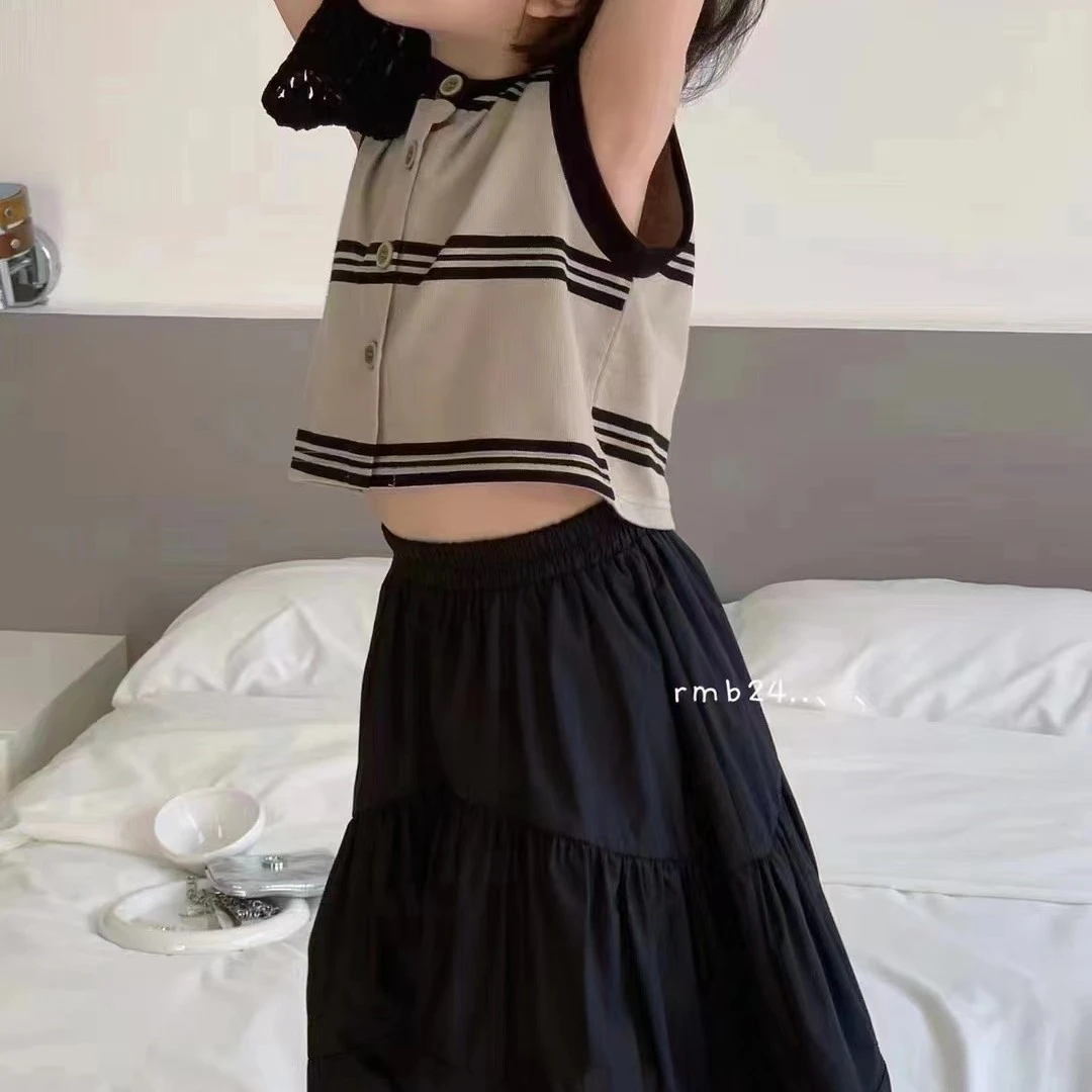 现货圆子妈 现货韩系显瘦两件套条纹开衫大裙摆半身裙套装8899