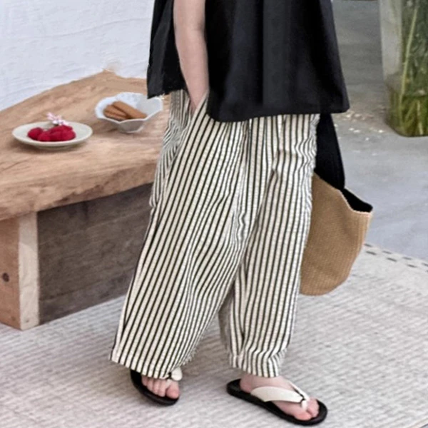 现货圆子家 女童韩版童装2025夏儿童套装女孩条纹休闲裤百搭裤