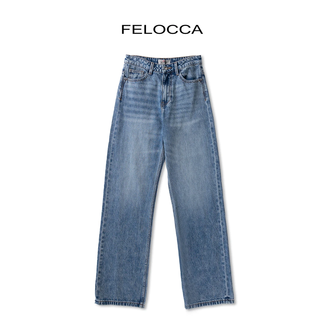 【FELOCCA】水洗做旧磨白直筒长款牛仔裤 CC2107