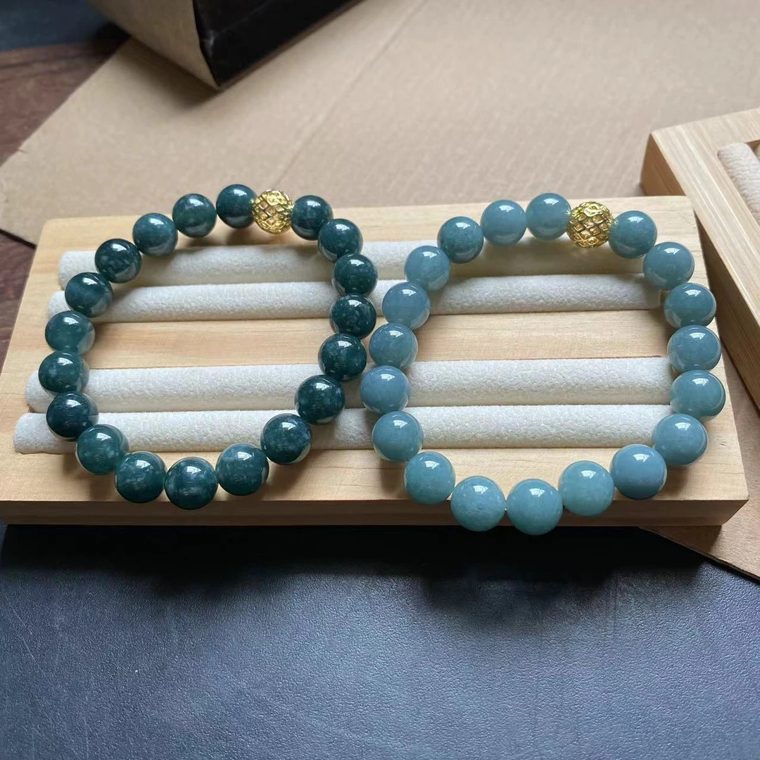 【天然翡翠】冰种手链蓝水手串圆珠男女玉珠妈妈冰透珠链串珠珠子玉