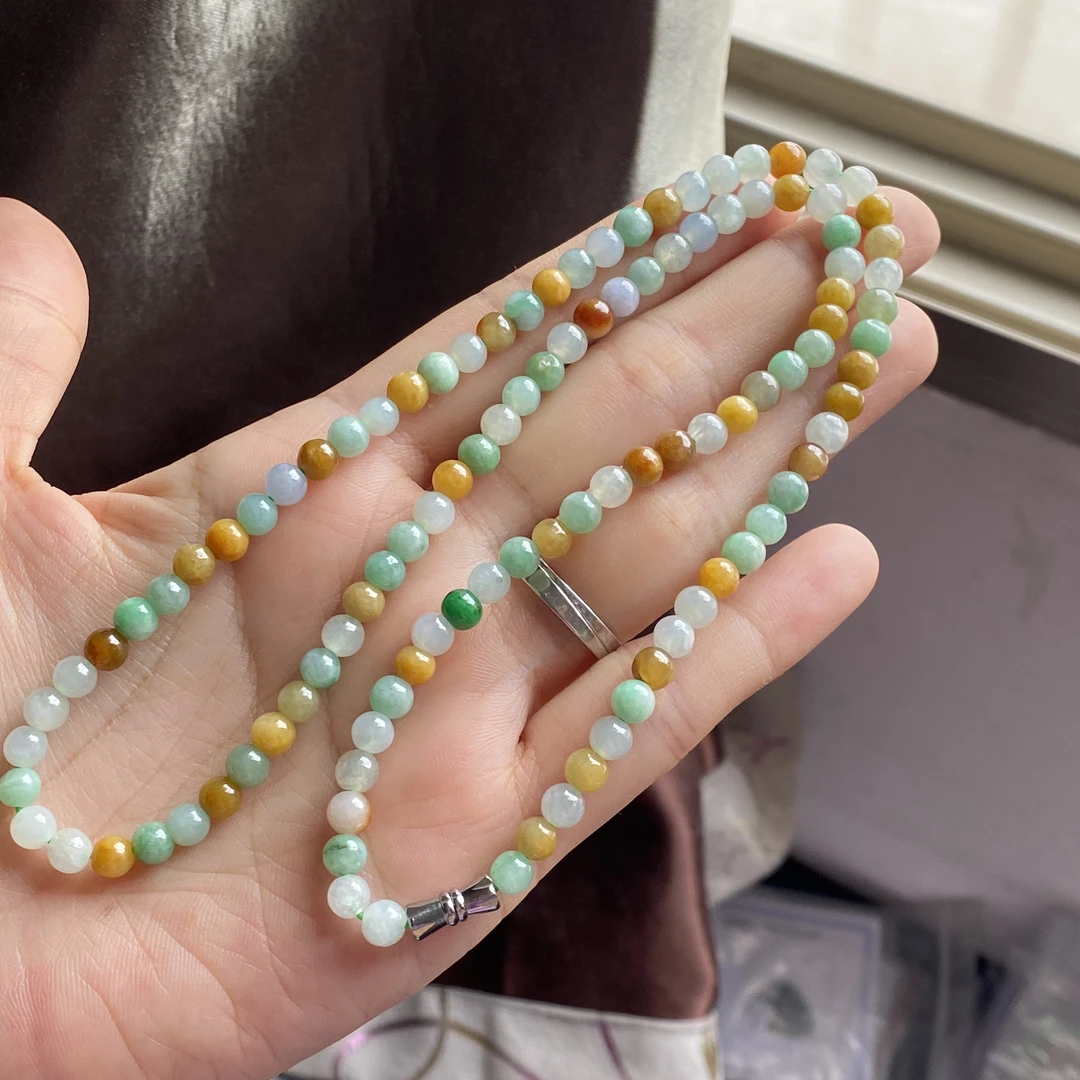 正品保障假一赔十天然缅甸翡翠冰种三彩项链阳绿黄翡三圈手链女款