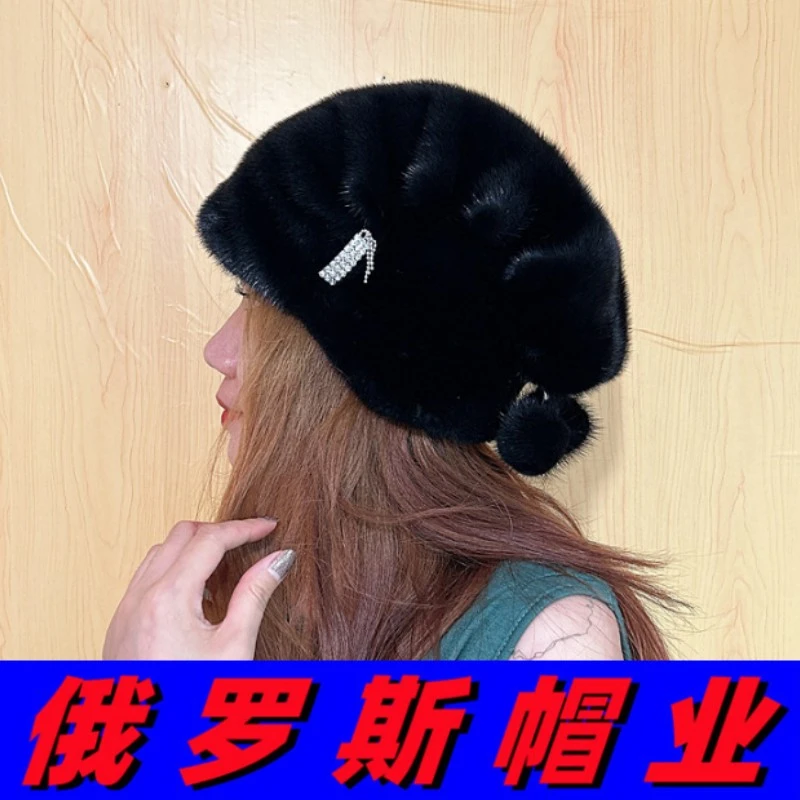 俄罗斯进口整张貂毛帽子女冬季保暖护耳中青老年贝雷长城堆堆帽软