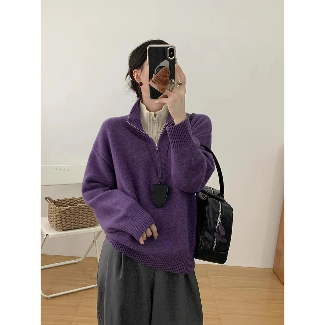 韩系慵懒风高级感假两件拉链毛针织上衣欧洲站2025秋冬季新款女装