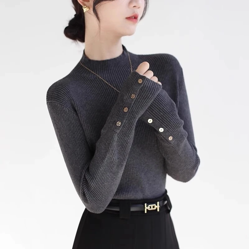高级感深灰色半高领针织衫女2025秋冬好看洋气上衣内搭毛衣打底衫