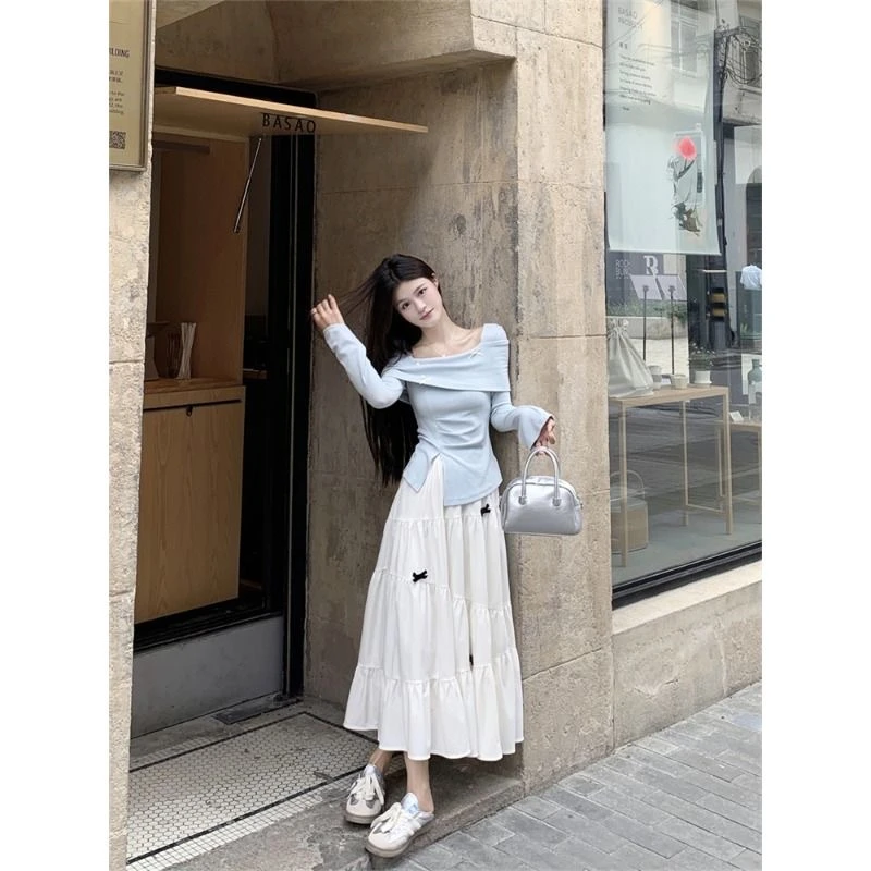 温柔气质蓝色长袖上衣套装女早秋新款法式蝴蝶结半身裙减龄两件套