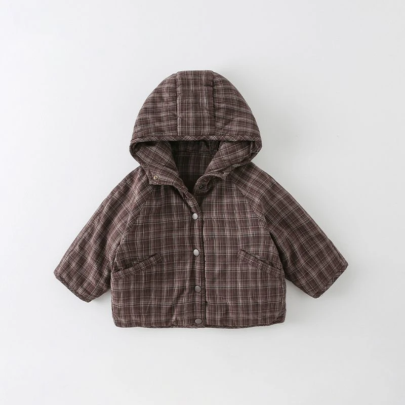 儿童时尚洋气2024新款韩版秋冬加绒咖色格子中小童外套
