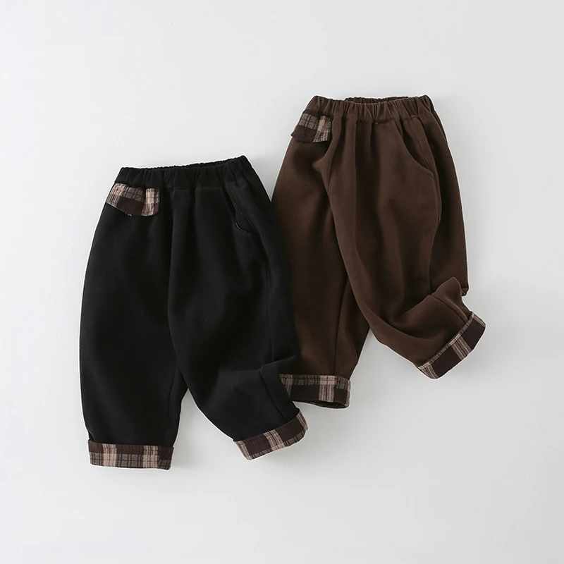 【三叁】儿童加绒休闲裤冬季2024新款男童格子拼接长裤AK920