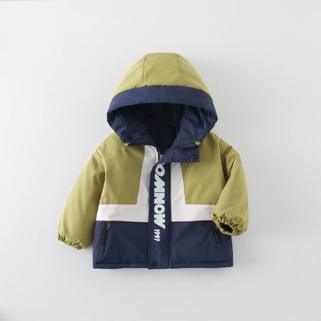 男童棉服冬季2024新款撞色拼接保暖加厚连帽中小童外套