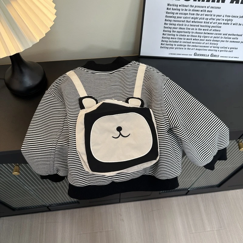 儿童加厚条纹外套2024冬季新款男童条纹时尚立体小熊背包外套