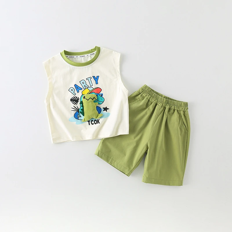 【工厂直发】儿童无袖套装夏季2024新款男童卡通恐龙两件套AT726