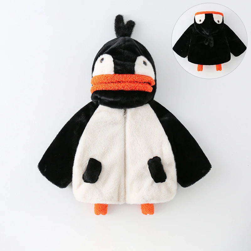 儿童加绒外套2024新款中小童秋冬可爱企鹅中小童毛毛衣