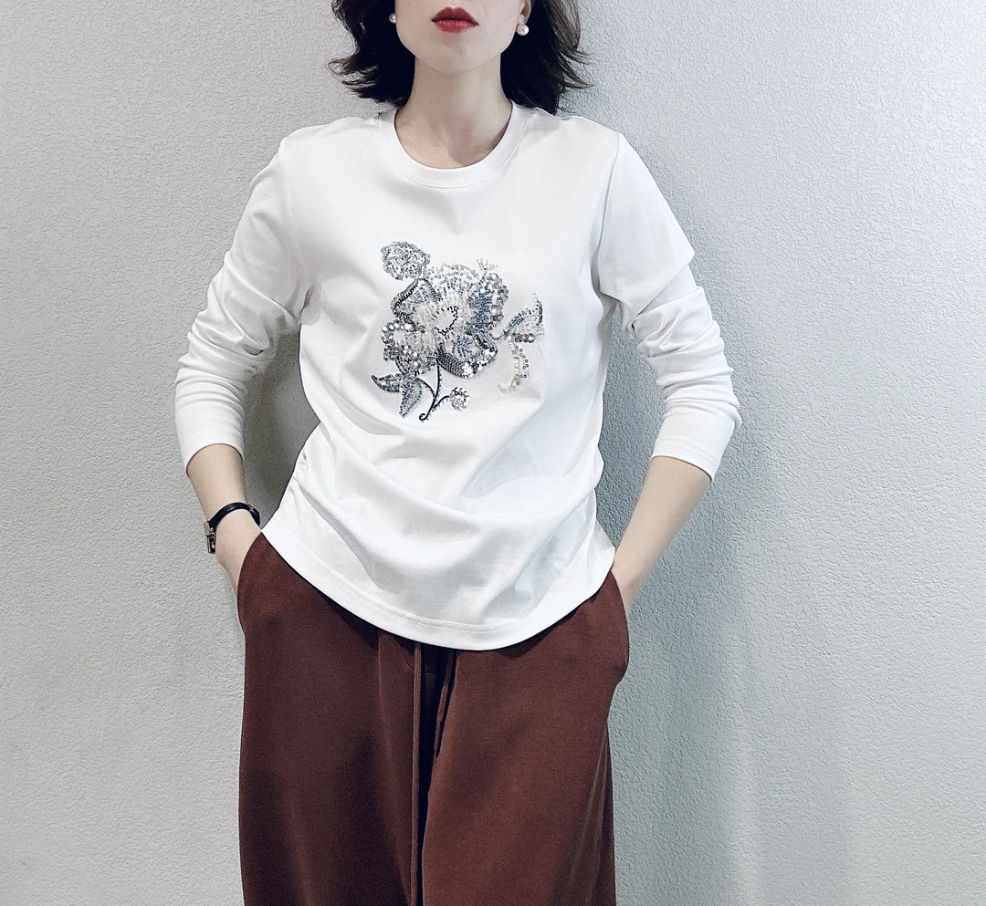 【美欣·MissGao】2024新款高级设计感精致绣花亮片圆领T恤