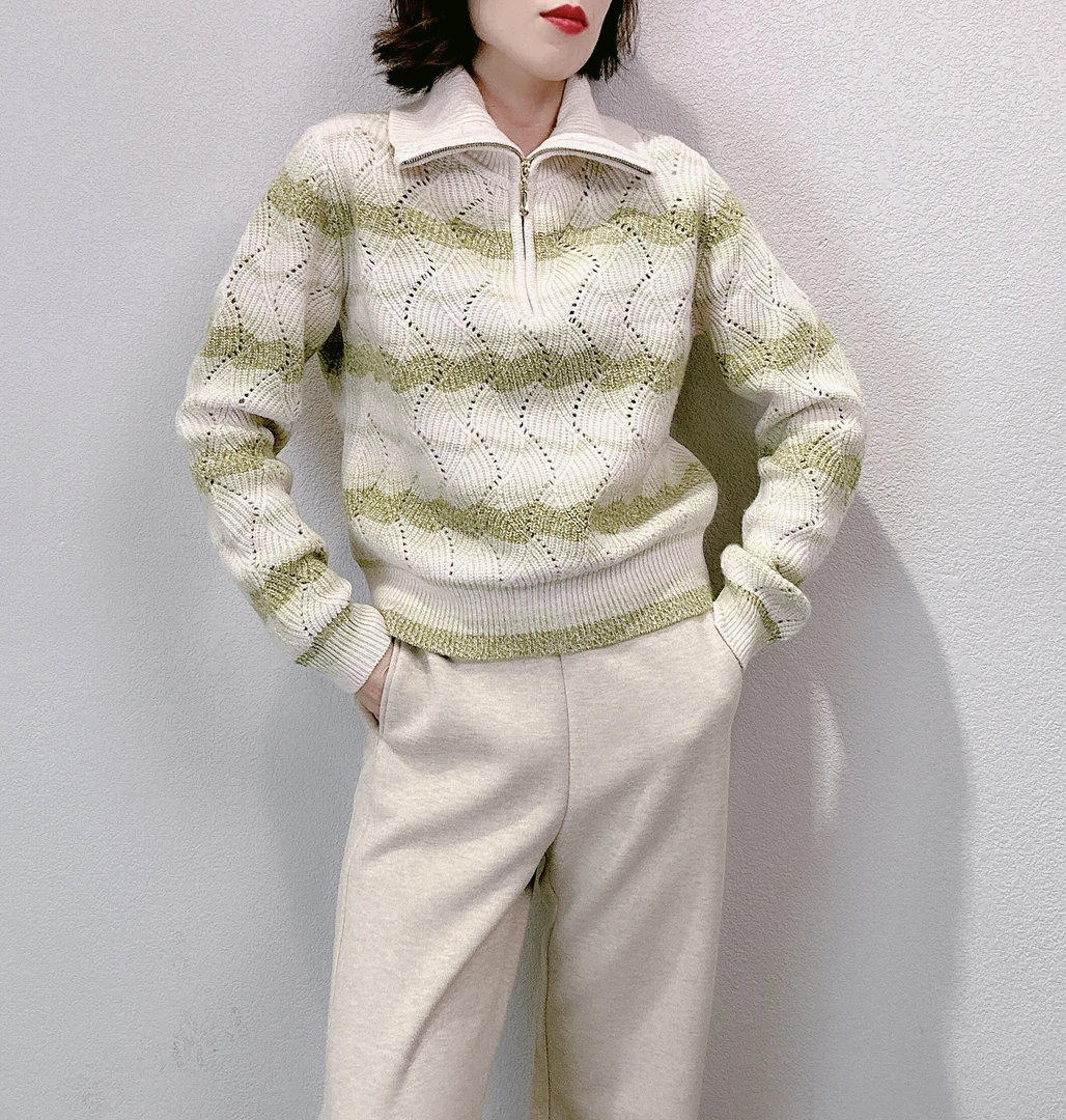 【美欣·MissGao】2024冬季新款渐变色半拉链翻领条纹针织毛衣