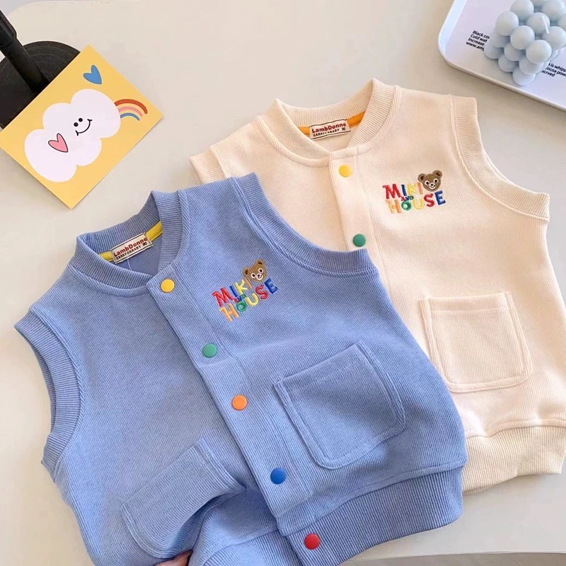 Miki 马甲全棉针织背心刺绣小熊外套按扣无袖