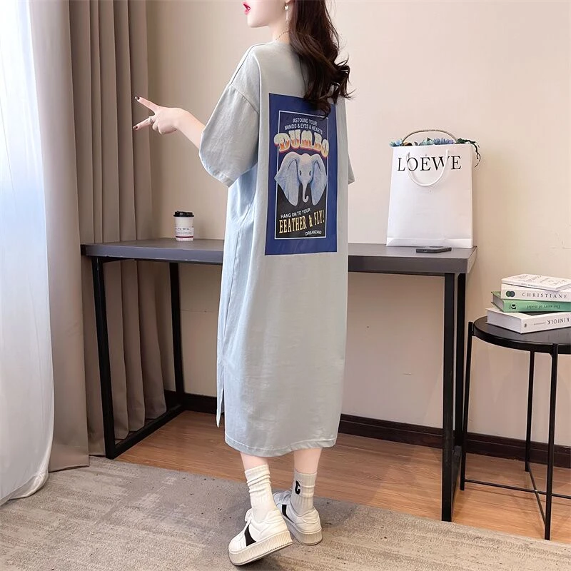 孕妇装纯棉短袖连衣裙夏季产后外穿喂奶月子服宽松大码过膝长裙潮