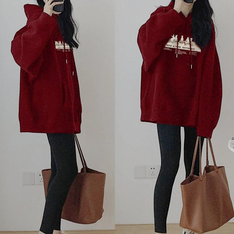 哺乳上衣秋冬装酒红色连帽卫衣辣妈款产后外穿加绒加厚宽松外套潮