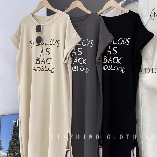 哺乳连衣裙夏季宽松显瘦开叉过膝t恤长裙辣妈款产后外穿喂奶衣服