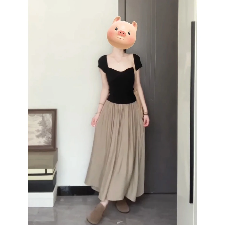 夏季黑色针织短袖+半身裙两件套套装