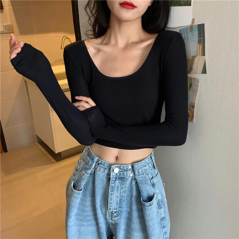 无垫肩春秋新款洋气修身内搭双U领长袖T恤女显胸低领打底衫上衣潮