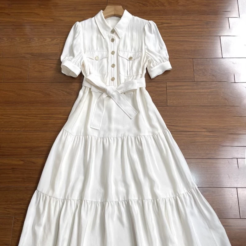 新品纯色泡泡袖100醋酸翻领单排扣套头连衣裙短袖系带收腰蛋糕裙