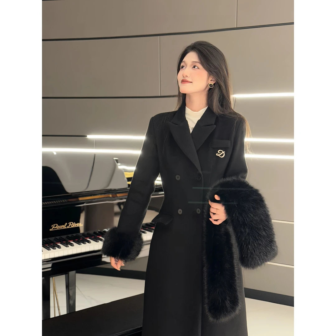 黑夜流光黑色沙漏收腰双面绒长款冬季气质高级呢子大衣DY1120