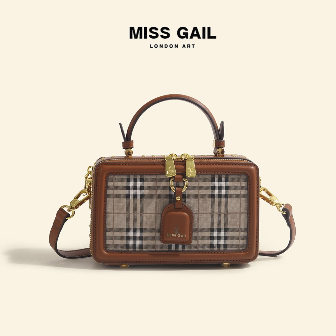 Miss Gail新格纹盒子手提单潮流女包1434宝莉格棕