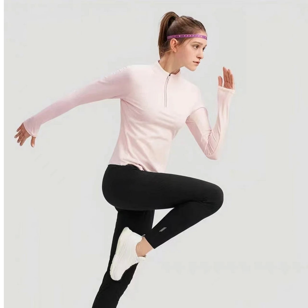 2024秋冬女士运动跑步修身健身户外立领半拉链长袖显瘦加绒打底衫